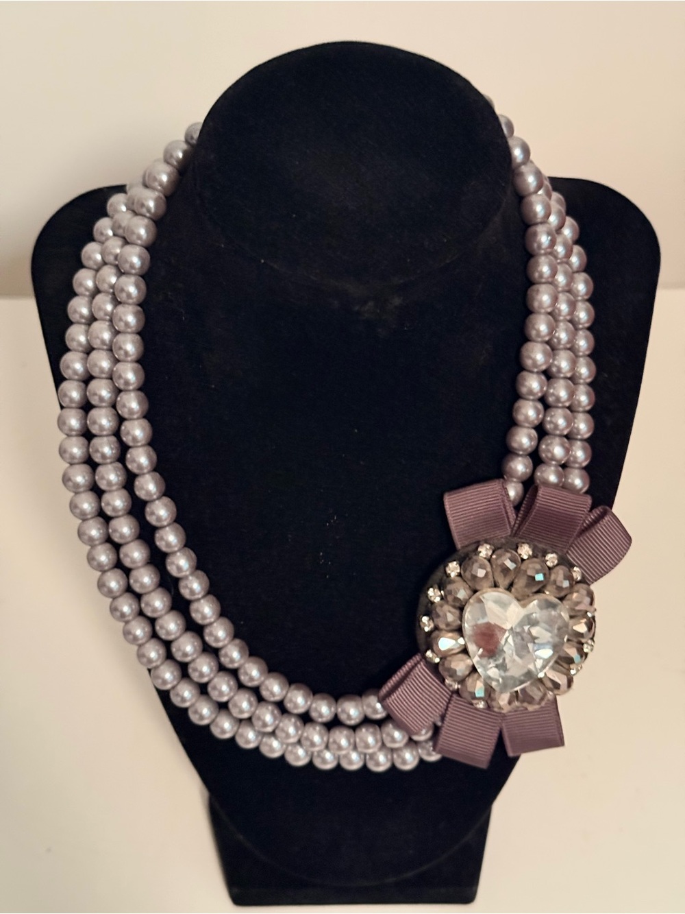 Triple -Strand Grey Faux Pearl Necklace with Heart Crystal Accent